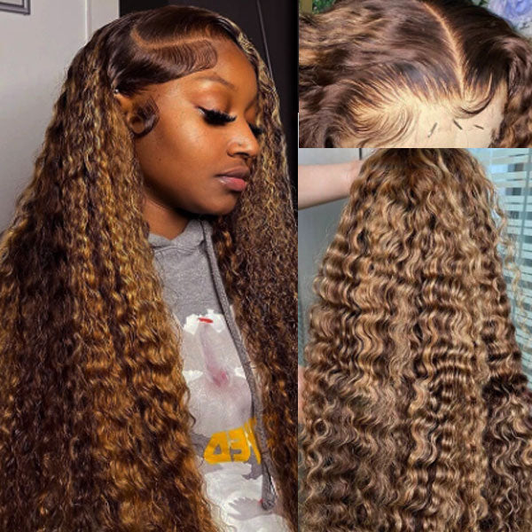 Ready to Wear Quick&Easy Wear Go Highlight Deep Wave 13x4 Lace Front Wig With Pre Bleach Knots & Plucked Hairline & Pre-cut lace