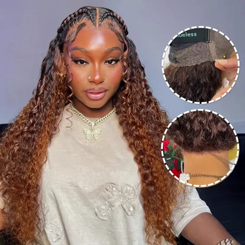Glueless 360 Invisi Strap Upgrade Cap Lace Frontal Wig Brown Ombre With Black Roots Water Wave With Pre-Bleached Seamless Knots
