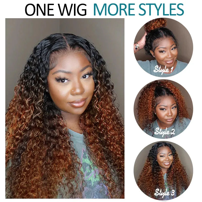 Glueless 360 Invisi Strap Upgrade Cap Lace Frontal Wig Brown Ombre With Black Roots Water Wave With Pre-Bleached Seamless Knots