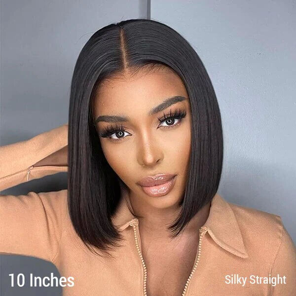 Glueless Double Drawn Blunt Cut Bob Transparent Lace Wig 10A Double Drawn High Density Human Hair