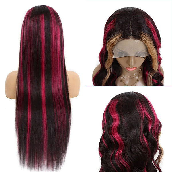 Ashimary burgundy hair with blonde highlights 13x4 HD Transparent lace wigs online for sale