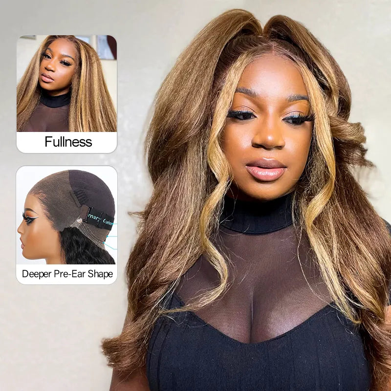 Ashimary 360 Invisi Strap Upgrade Glueless Highlight Brown Kinky Straight Lace Frontal Wig With Pre-Bleached Seamless Knots 4D Auto-Fit Cap