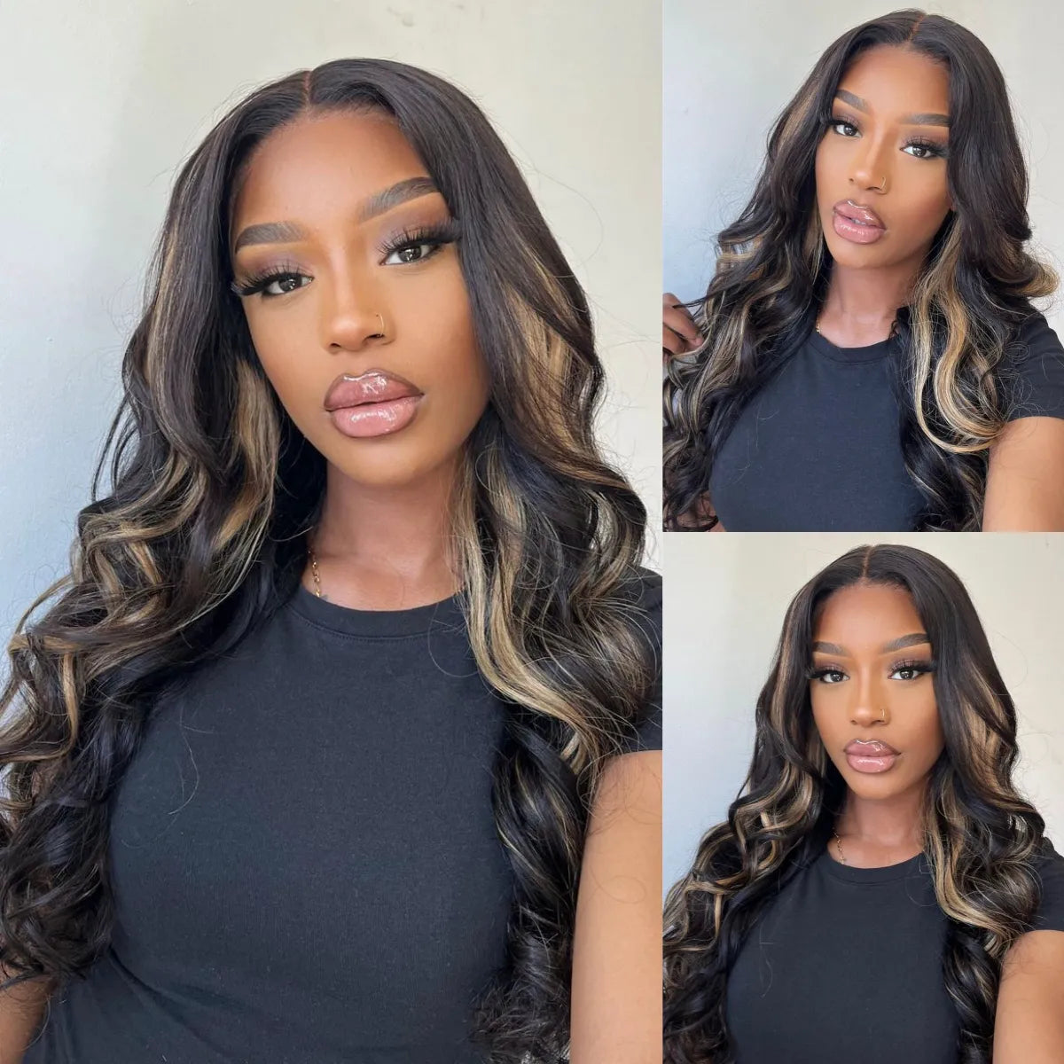 Trendy Ready to Wear Blonde Highlight Glueless Pre Cut Lace Body Wave Wigs with Pre Plucked Hairline & Bleached Knots