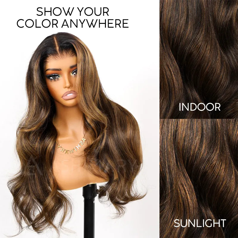 Balayage Highlights Dark Roots Body Wave 360 Skin Lace Frontal with Invisi Strap Human Hair Wig