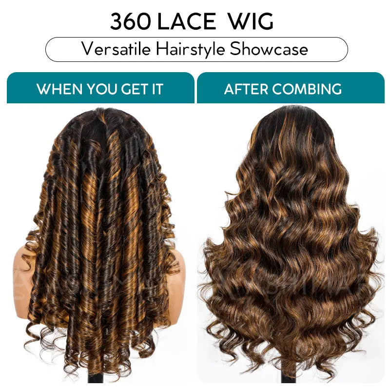 Balayage Highlights Dark Roots Body Wave 360 Skin Lace Frontal with Invisi Strap Human Hair Wig