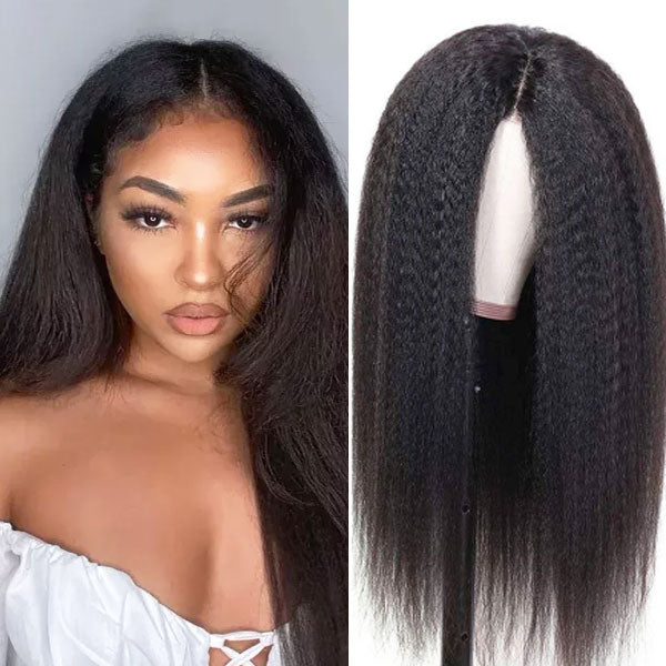 Wear & Go Pre Cut Lace 13x4 Frontal Kinky Straight Glueless Wig With With Pre Bleach Knots & Plucked Hairline