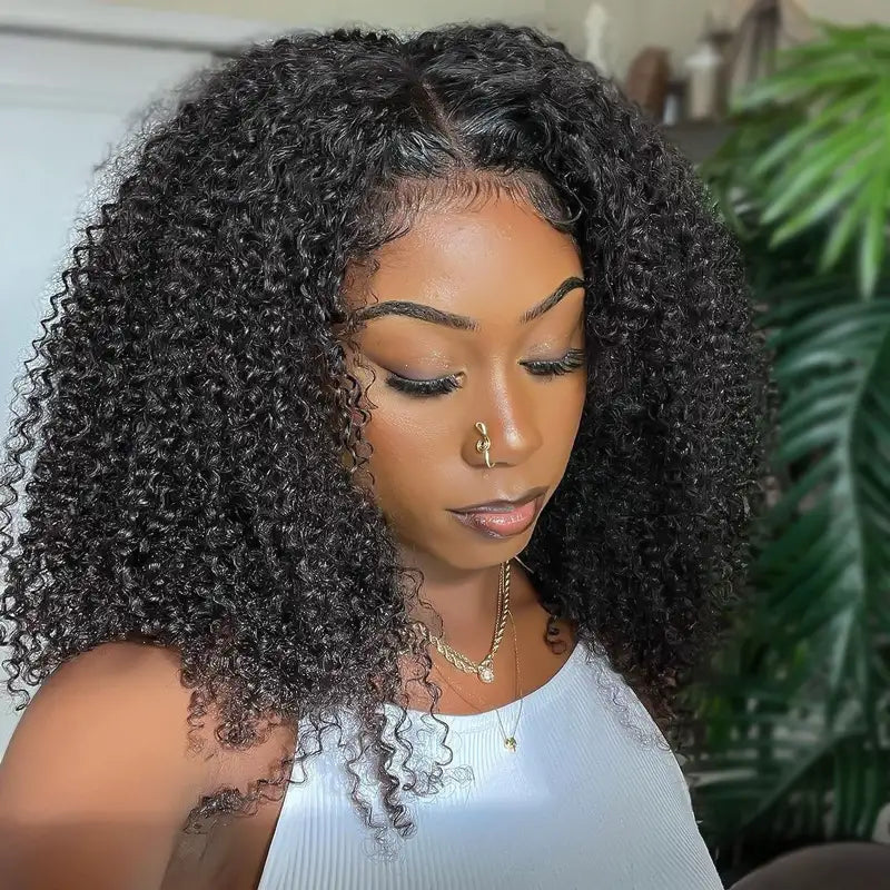 Precut Glueless Wear & Go Kinky Curly Invisible HD Lace Closure Bob Ready To Wear Wig with Pre Plucked Hairline & Bleached Knots