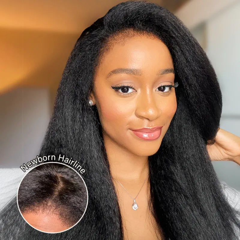 6x4.5 Lace Closure Kinky Straight Wig with Kinky Baby Hair for Black Women Glueless Natural Newborn Hairline Blend Beginner Friendly Wig