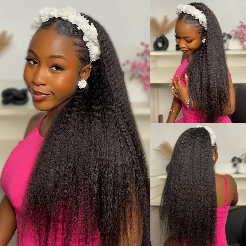 Easy Wear Kinky Straight Half Wig With Drawstring Comfortable Fit No Glue Needed