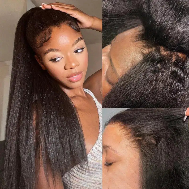 Super Natural Kinky Straight Invisi Strap Snug Fit 360 Transparent Lace Frontal Bleached  Knots Pre Cut Lace Wig