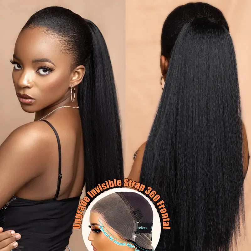 Super Natural Kinky Straight Invisi Strap Snug Fit 360 Transparent Lace Frontal Bleached  Knots Pre Cut Lace Wig