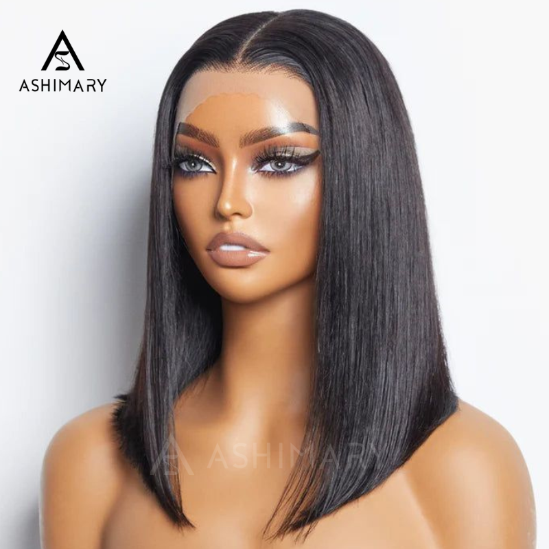 Glueless Double Drawn Blunt Cut Bob Transparent Lace Wig 10A Double Drawn High Density Human Hair