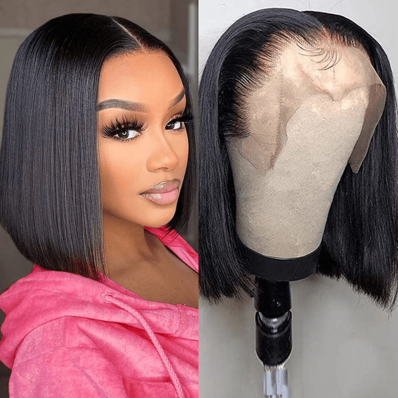 Glueless Double Drawn Blunt Cut Bob Transparent Lace Wig 10A Double Drawn High Density Human Hair