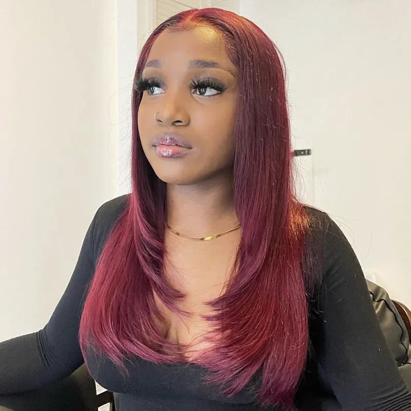 Ashimary Layered Wig Straight Hair 99J Burgundy 13x4 Transparent Lace Frontal Human Hair Wigs