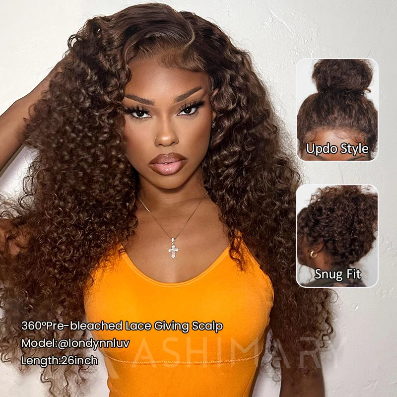BOGO Invisi Strap Snug Fit 360 SKin Lace Chocolate Brown Water Wave Bleached Knots Glueless Lace Wig