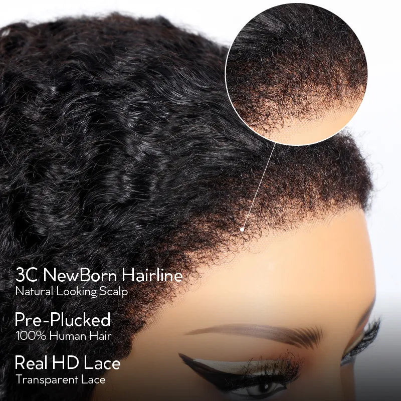 3C Newborn Hairline Curly Edge Kinky Curly Wig 6x4.5 Lace Closure Natural Hairline Blend Away