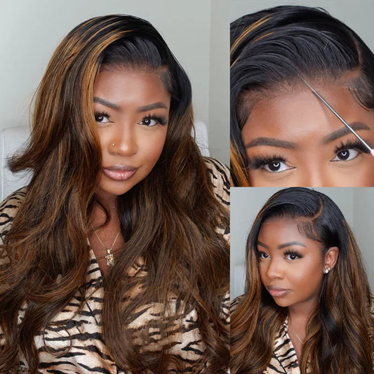 Balayage Highlights Dark Roots Body Wave 360 Skin Lace Frontal with Invisi Strap Human Hair Wig