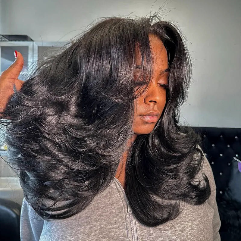 Peacock Curls Pull Go 13x6 Full Glueless Lace Front Wig Pre-Styled Heavy Layers Cut Human Hair