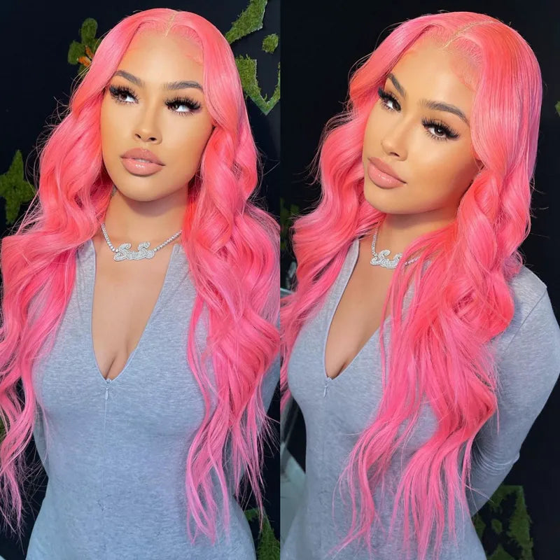 Pink Wig Body Wavy Lace Front Wig Ashimary Human Hair