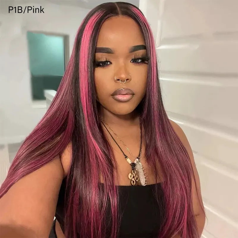 Pink Highlight 99J Highlight Piano Color Straight Wig Highlights on Black Hair