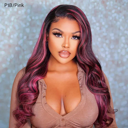 Pink Highlight 99J Highlight Piano Color Straight Wig Highlights on Black Hair