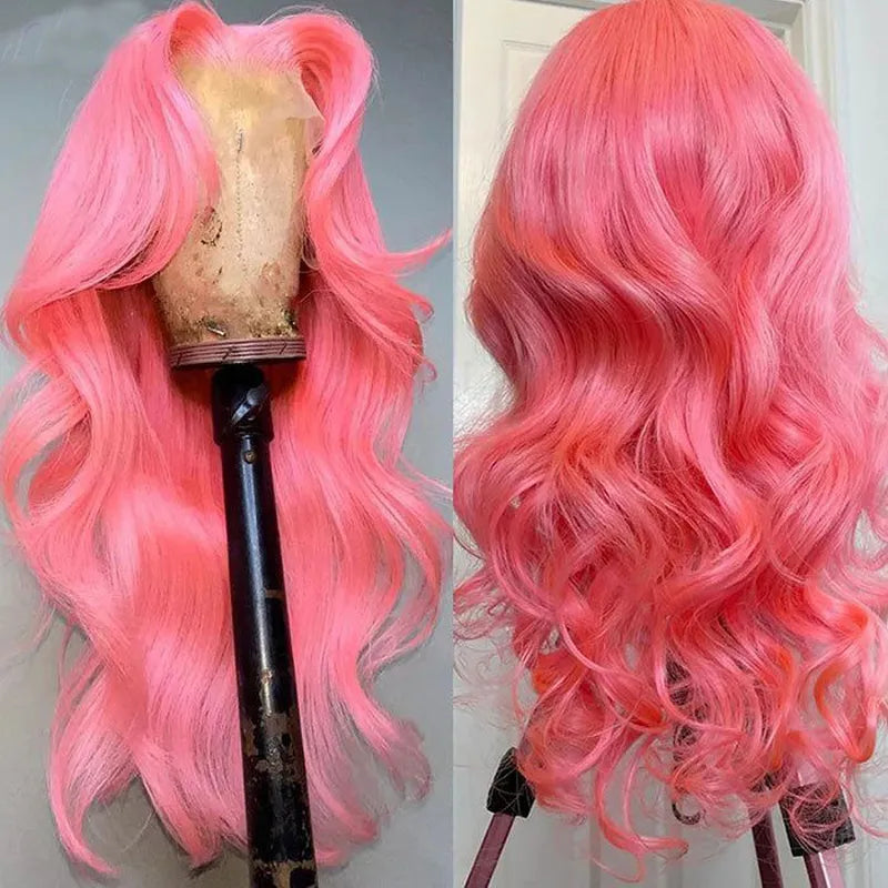 Pink Wig Body Wavy Lace Front Wig Ashimary Human Hair