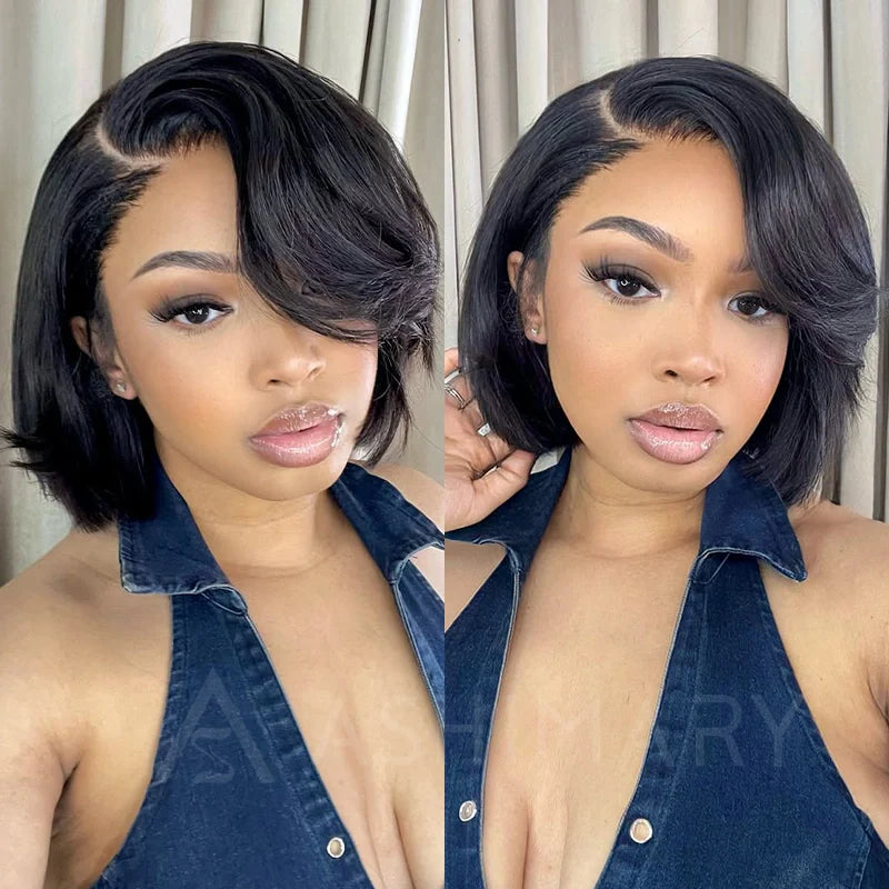 Yaki Straight Layered Wig 6x4.5 Lace Closure Short Pixie Cut Wig for Black Women Silk Press Human Hair Bob Wig