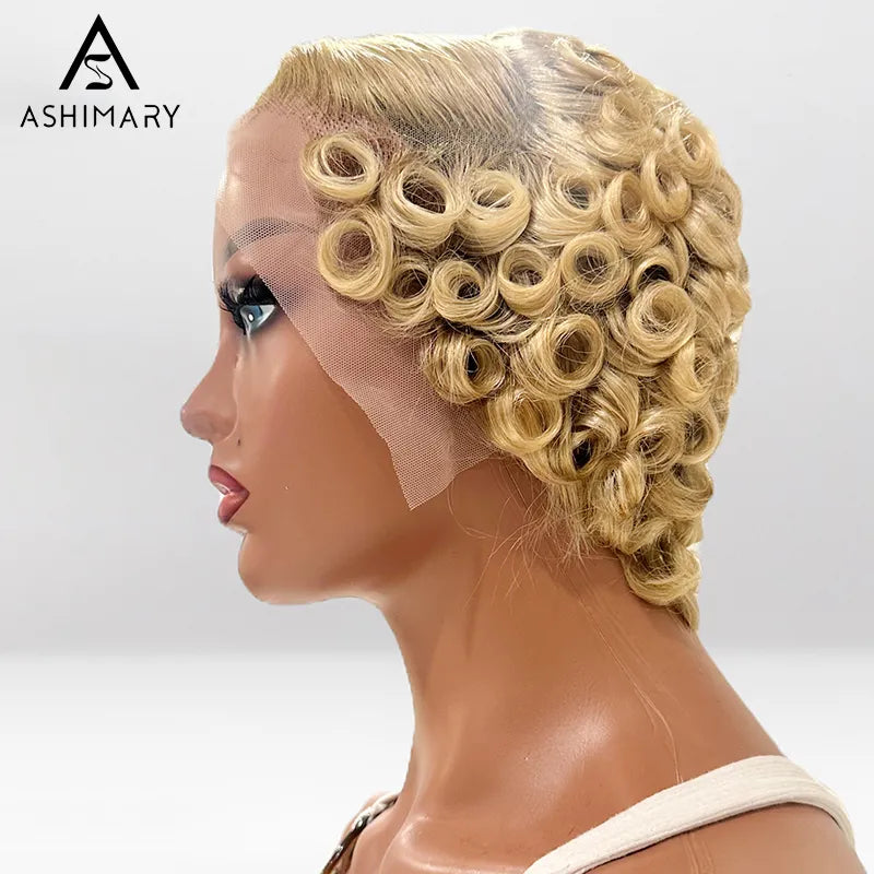 613 Blonde Pre-Styled Short Pixie Curly Bob Wig Transaprent Lace Frontal Human Hair wig