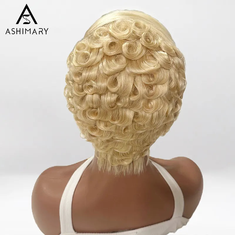 613 Blonde Pre-Styled Short Pixie Curly Bob Wig Transaprent Lace Frontal Human Hair wig
