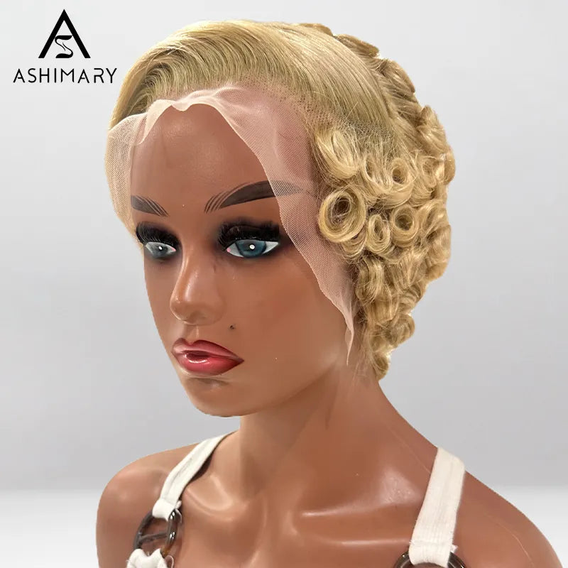 613 Blonde Pre-Styled Short Pixie Curly Bob Wig Transaprent Lace Frontal Human Hair wig