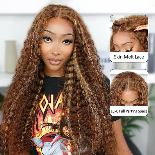 Honey Blonde Highlight Water Wave Pull Go 13x6 Full Skin Lace Wig Tiny Knots Glueless Wig