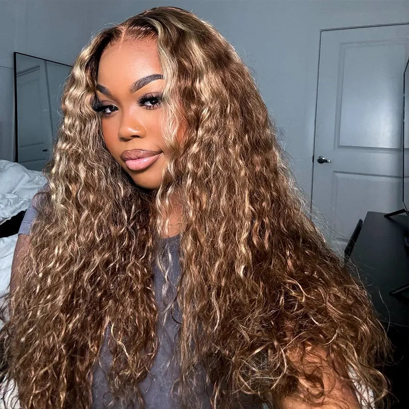 Honey Blonde Highlight Water Wave Pull Go 13x6 Full Skin Lace Wig Tiny Knots Glueless Wig