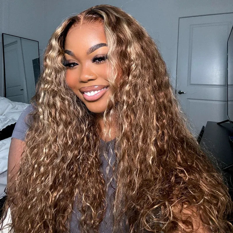 Honey Blonde Highlight Water Wave Pull Go 13x6 Full Skin Lace Wig Tiny Knots Glueless Wig
