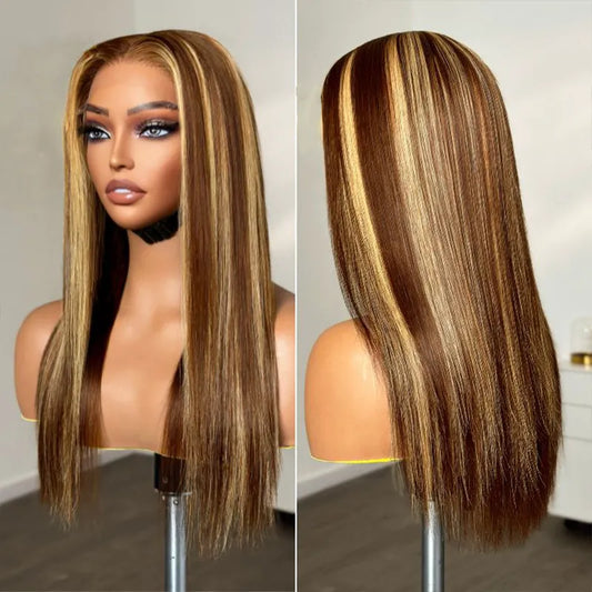 Pull Go 10x6 Lace Wig Honey Blonde Highlights on Brown Hair Straight Glueless Human Hair Wig