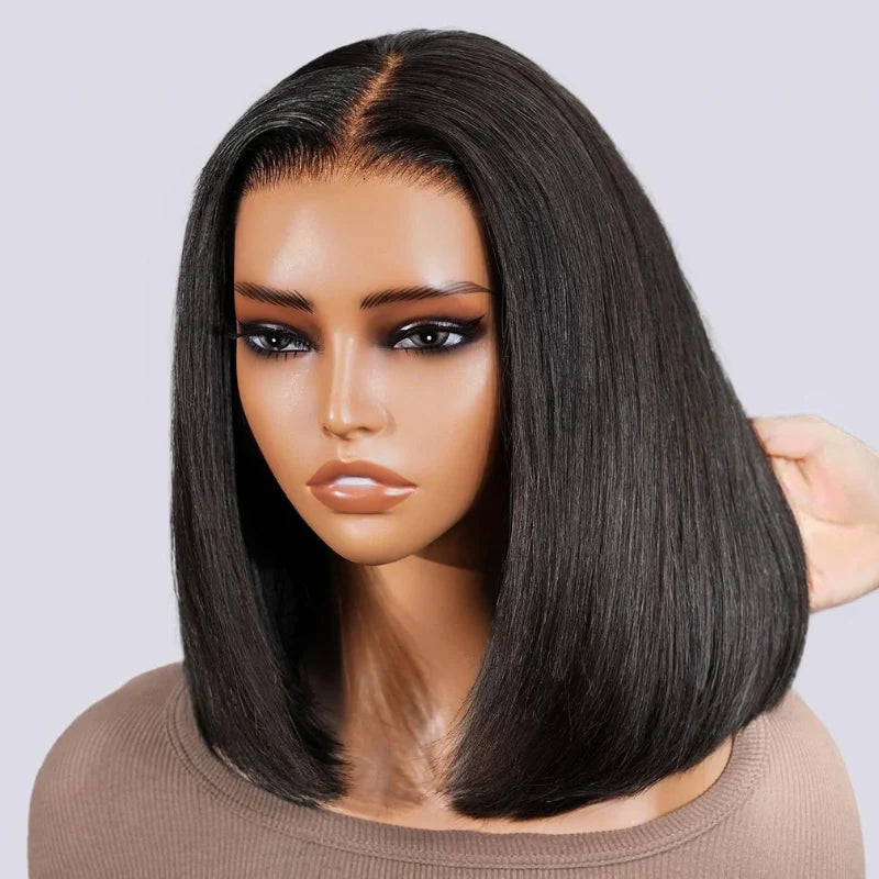 Double Drawn High Density Bone Straight Pull Go 13x4 Lace Bob Wig Lace Frontal Natural Black Glueless Wig