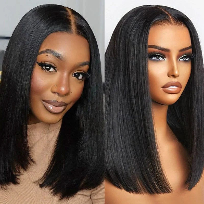 Double Drawn High Density Bone Straight Pull Go 13x4 Lace Bob Wig Lace Frontal Natural Black Glueless Wig