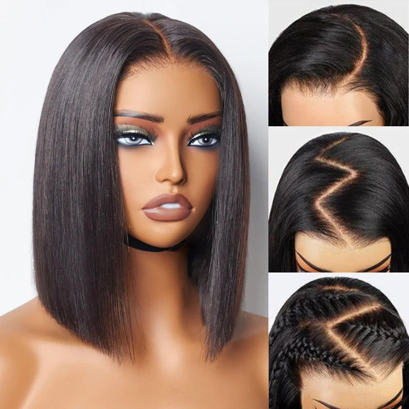 Double Drawn High Density Bone Straight Pull Go 13x4 Lace Bob Wig Lace Frontal Natural Black Glueless Wig