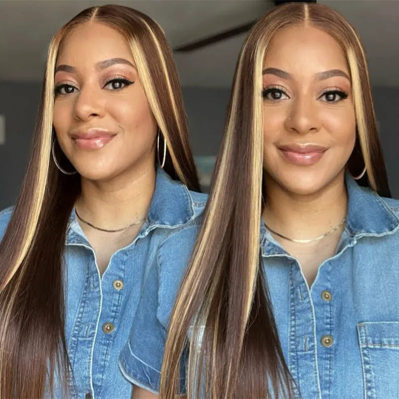 Honey Blonde Highlight Silky Straight Pull Go 13x6 Full Lace Wig Glueless Wig Suits All Heads