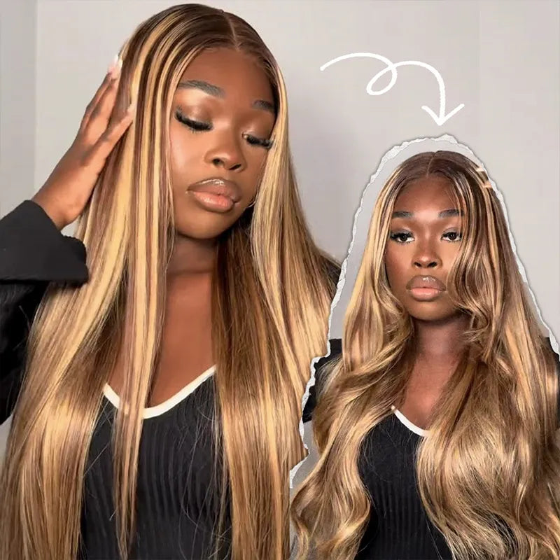 Honey Blonde Highlight Silky Straight Pull Go 13x6 Full Lace Wig Glueless Wig Suits All Heads