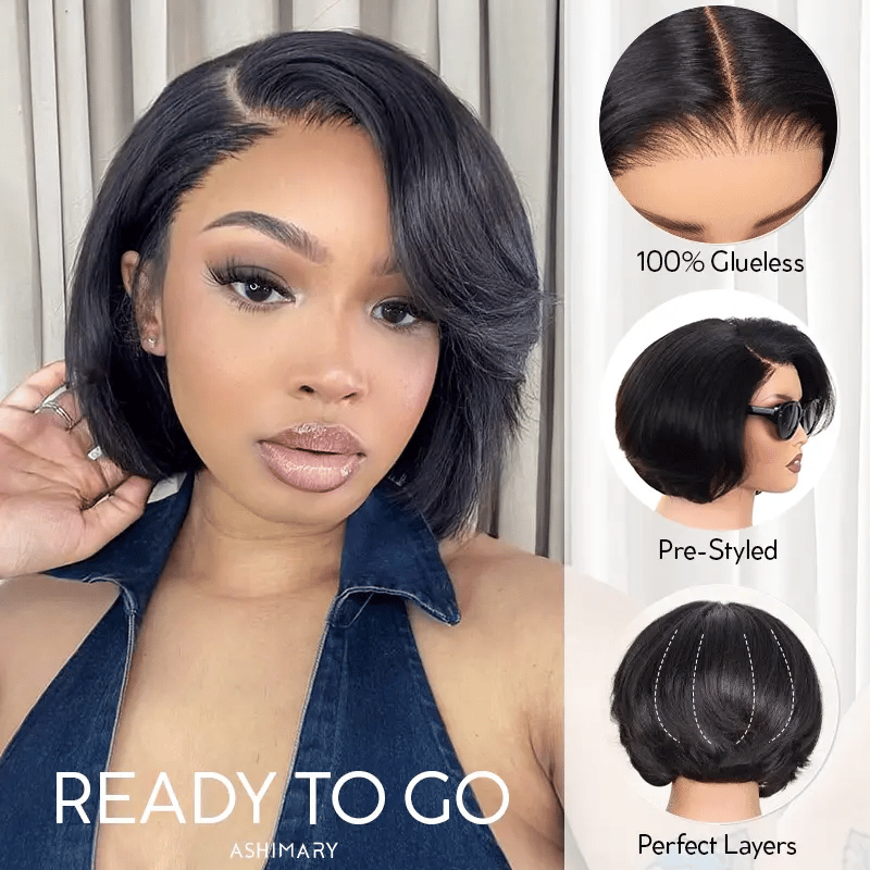 Yaki Straight Layered Wig 6x4.5 Lace Closure Short Pixie Cut Wig for Black Women Silk Press Human Hair Bob Wig