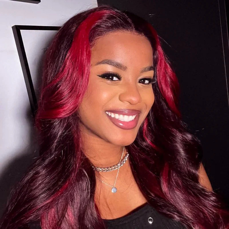 Highlight Red with Burgundy 99J Colored Body Wave Human Hair Wig 4x4 5x5 & 13x4 Transparent Lace Front Wig Pre Plucked 13X6 Lace Frontal Wig Ashimary
