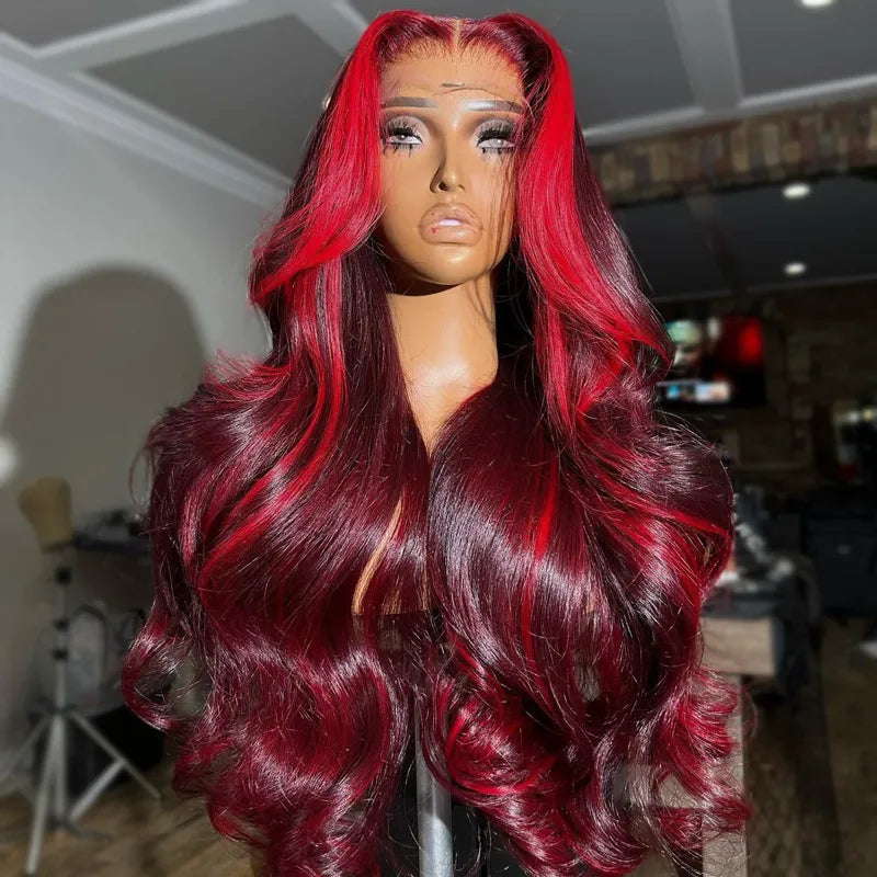 Highlight Red with Burgundy 99J Colored Body Wave Human Hair Wig 4x4 5x5 & 13x4 Transparent Lace Front Wig Pre Plucked 13X6 Lace Frontal Wig Ashimary