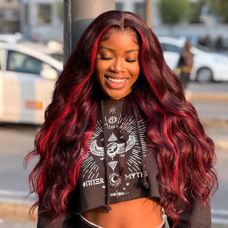 Highlight Red with Burgundy 99J Colored Body Wave Human Hair Wig 4x4 5x5 & 13x4 Transparent Lace Front Wig Pre Plucked 13X6 Lace Frontal Wig Ashimary