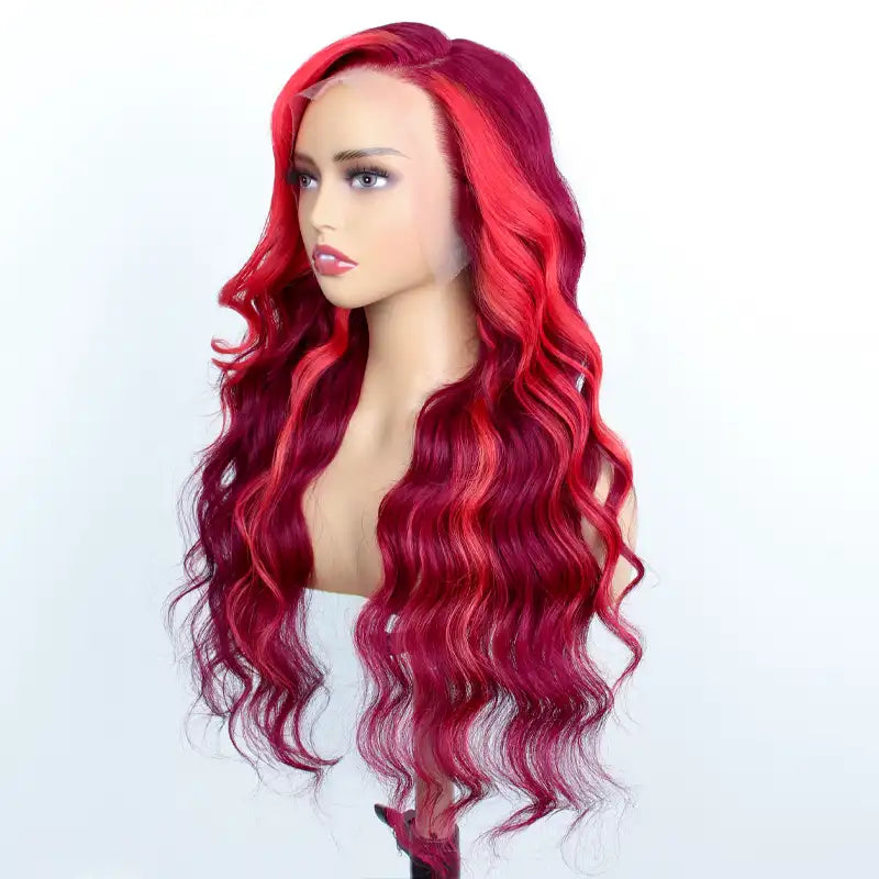 Highlight Red with Burgundy 99J Colored Body Wave Human Hair Wig 4x4 5x5 & 13x4 Transparent Lace Front Wig Pre Plucked 13X6 Lace Frontal Wig Ashimary