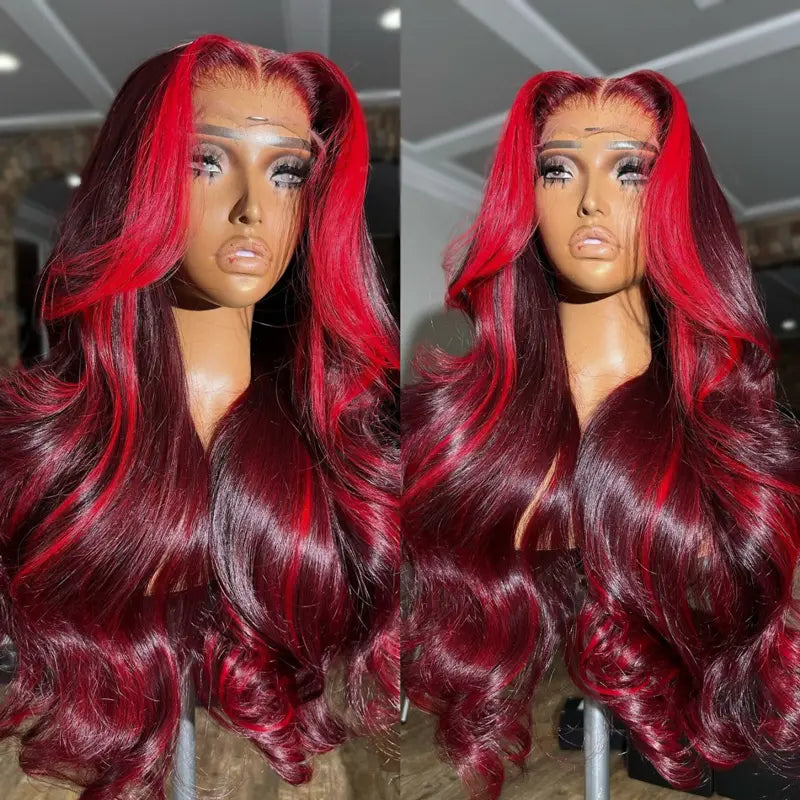 Highlight Red with Burgundy 99J Colored Body Wave Human Hair Wig 4x4 5x5 & 13x4 Transparent Lace Front Wig Pre Plucked 13X6 Lace Frontal Wig Ashimary
