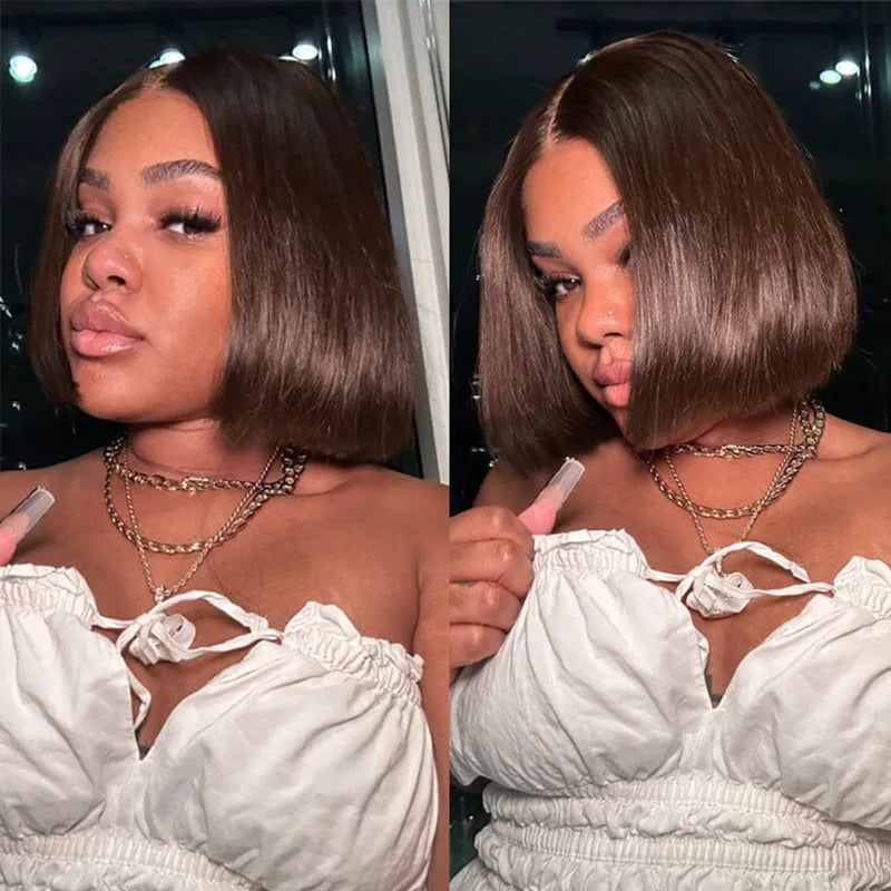 Double Drawn High Density Rich Chocolate Brown 4x4 Lace Closure Straight Blunt Cut Bob Wig