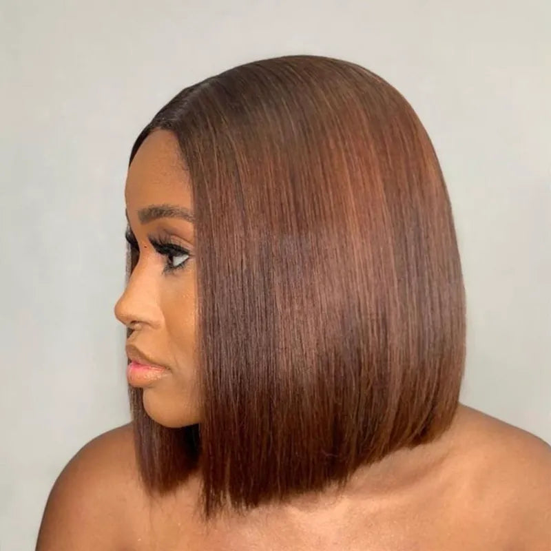 Double Drawn High Density Rich Chocolate Brown 4x4 Lace Closure Straight Blunt Cut Bob Wig