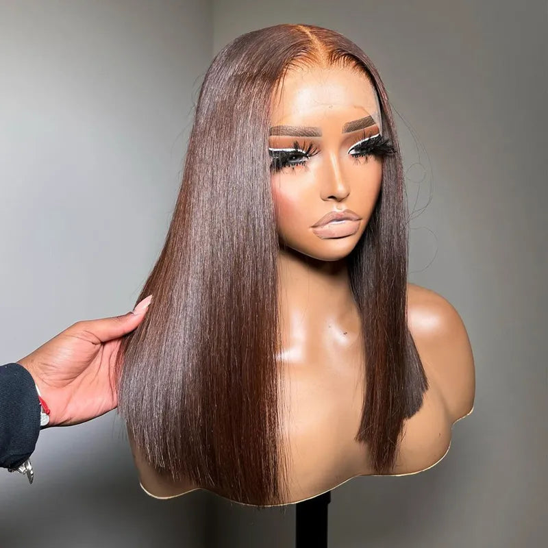 Double Drawn High Density Rich Chocolate Brown 4x4 Lace Closure Straight Blunt Cut Bob Wig
