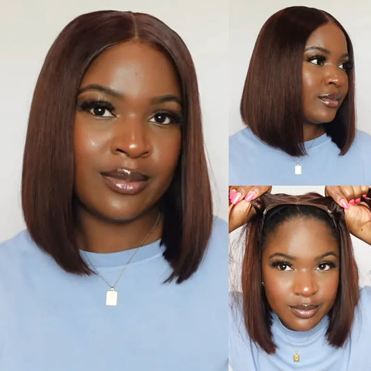 Double Drawn High Density Rich Chocolate Brown 4x4 Lace Closure Straight Blunt Cut Bob Wig