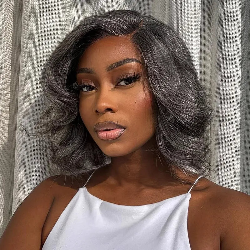 Salt and Pepper Pre-Styled Layered Cut Short Bob Wig Blowout Hairstyle Human Hair Wig
